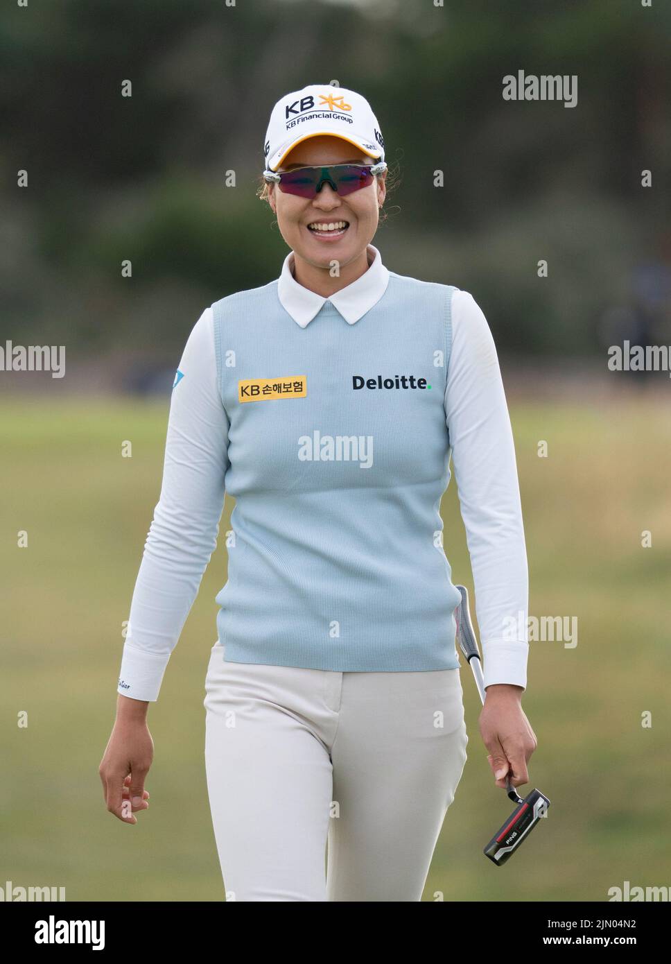 Gullane, Scozia, Regno Unito. 7th agosto 2022. Ultimo round del campionato AIG Women’s Open di golf a Muirfield a Gullane, East Lothian. PIC; Chun in Gee reagisce dopo aver perso il putt birdie sul 16th verde. Iain Masterton/Alamy Live News Foto Stock