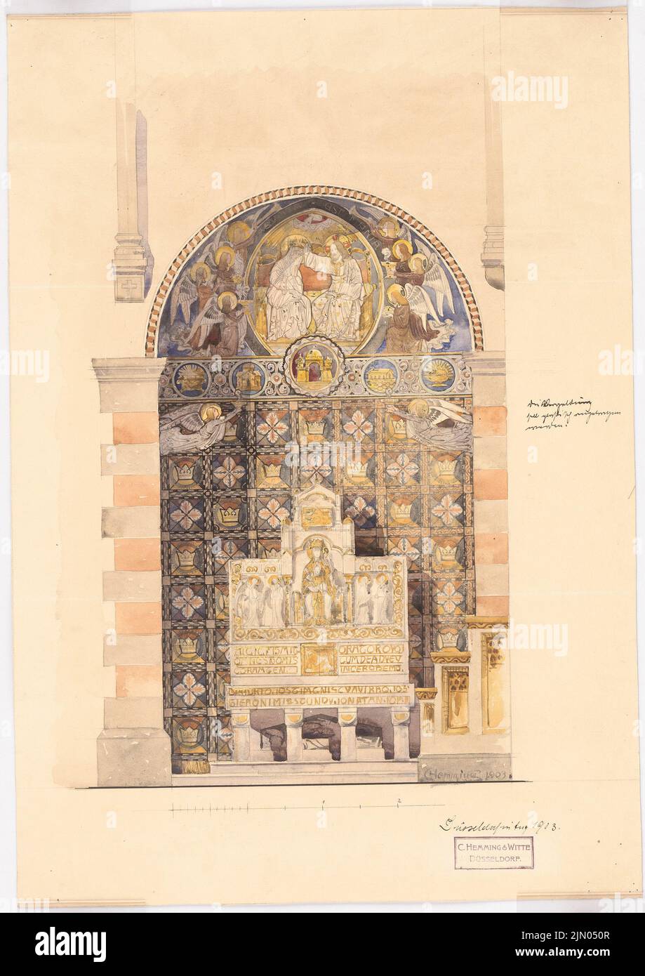 Klomp Johannes Franziskus (1865-1946), altari inalterati, chiesa, sculture e ornamenti (08,1903): Vista di un abside con altare (non da Klomp). Tusche, acquerello a matita su cartone, 58,8 x 41,6 cm (compresi i bordi di scansione) Klomp Johannes Franziskus (1865-1946): Unzugeordnete Altäre, Kircheneinrichtung, skulpturen und Ornamente Foto Stock