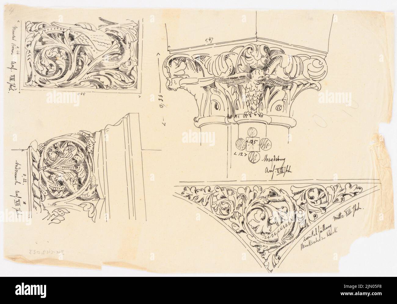 Klomp Johannes Franziskus (1865-1946), disegni e bozzetti di viaggio intatto (0-0): Capitelli e ornamenti della Cattedrale di Magdeburgo, Bonn Münsters e le chiese di Andernach e Kent. Inchiostro su trasparente, 24 x 34,3 cm (compresi i bordi di scansione) Klomp Johannes Franziskus (1865-1946): Unzugeordnete Zeichnungen und Reiseskizzen Foto Stock