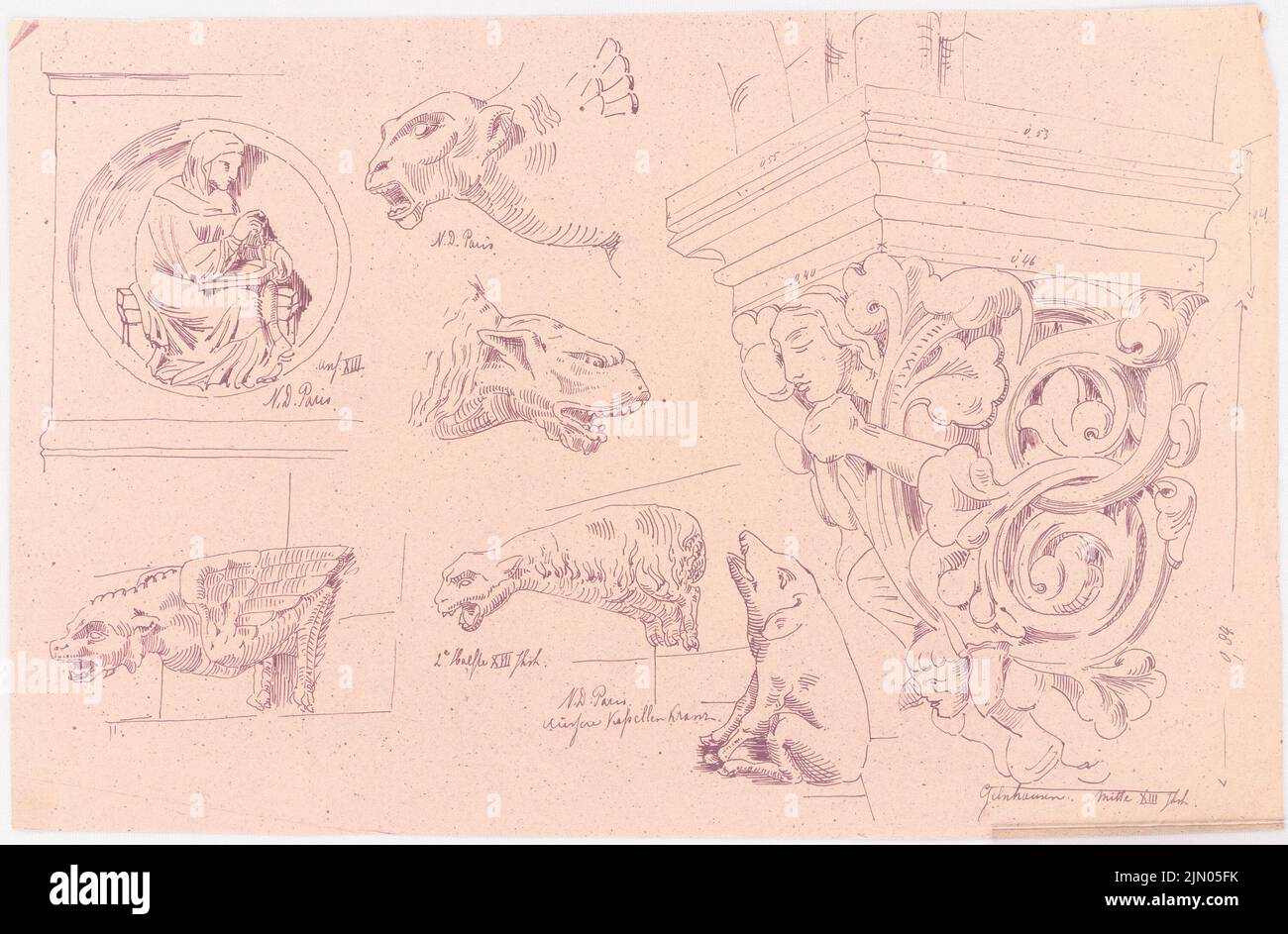 Klomp Johannes Franziskus (1865-1946), disegni intaccati e schizzi di viaggio (0-0): Ornamenti e sculture da costruzione di Notre Dame, Parigi e la Chiesa di Gelnhausen. Light break on paper, 22,5 x 34,3 cm (compresi i bordi di scansione) Klomp Johannes Franziskus (1865-1946): Unzugeordnete Zeichnungen und Reiseskizzen Foto Stock