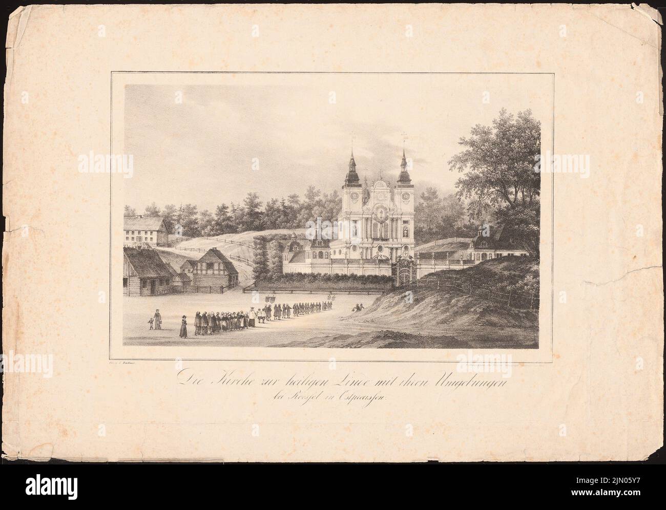 N.N., Chiesa Zur Saint Linde, Rössel (ca 1840): Vista della chiesa di pellegrinaggio. Stampa su carta, 35,5 x 50,9 cm (inclusi i bordi di scansione) N. : Kirche zur Heiligen Linde, Rössel Foto Stock