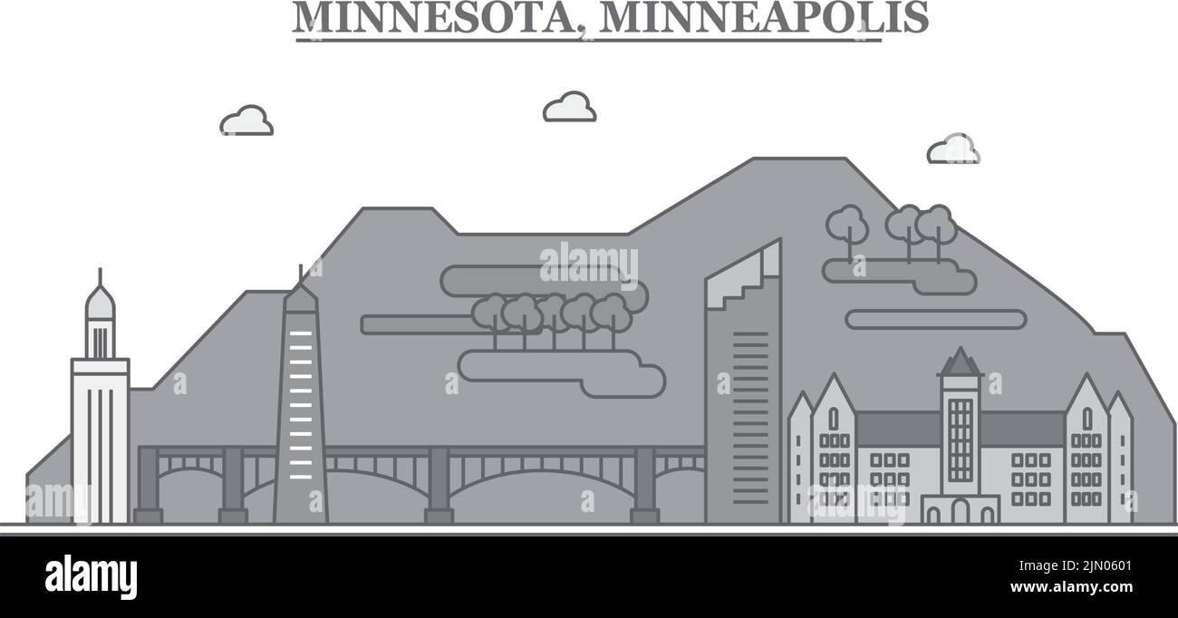 Stati Uniti, città di Minneapolis skyline isolato vettore illustrazione, icone Illustrazione Vettoriale