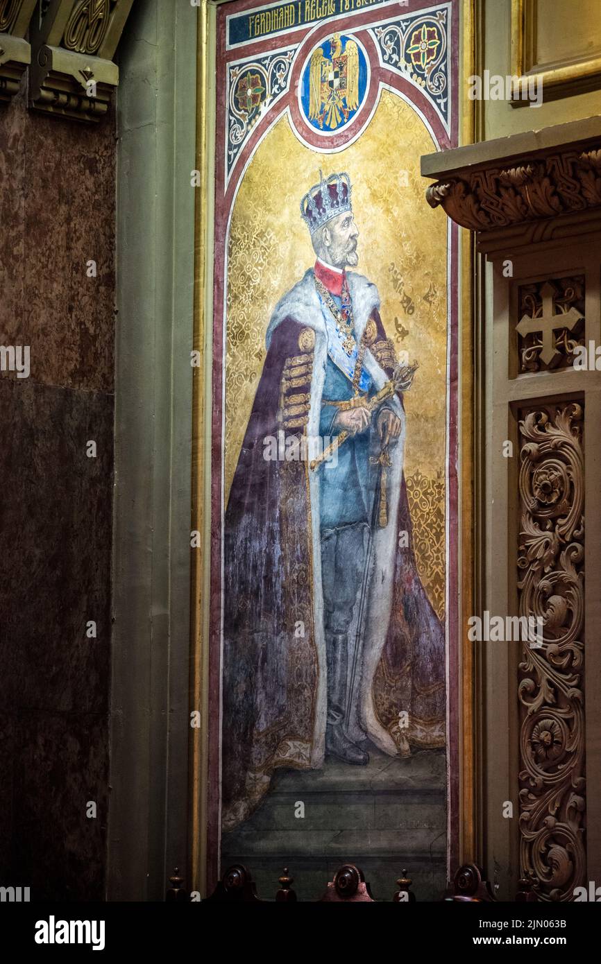 Pittura di Re Ferdinando di Romania, nella riunificazione Cattedrale Ortodossa di Alba Iulia Foto Stock