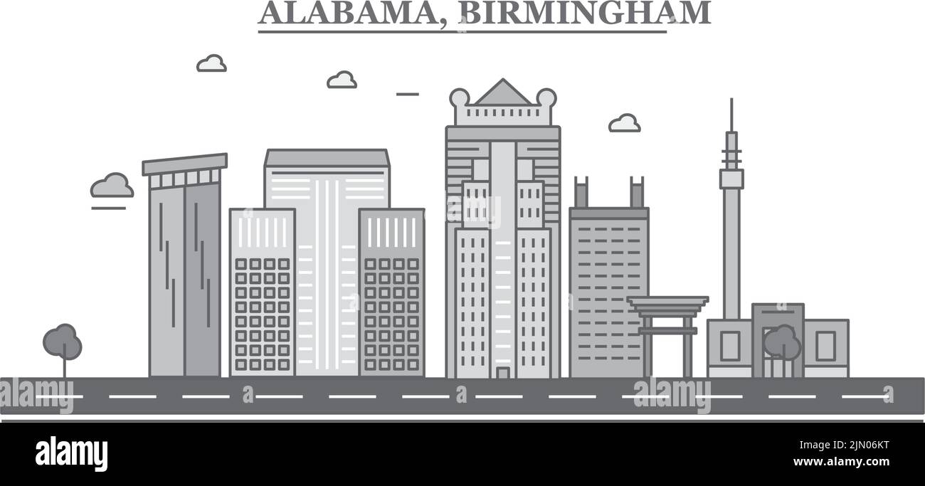 Stati Uniti, città di Birmingham skyline isolato vettore illustrazione, icone Illustrazione Vettoriale