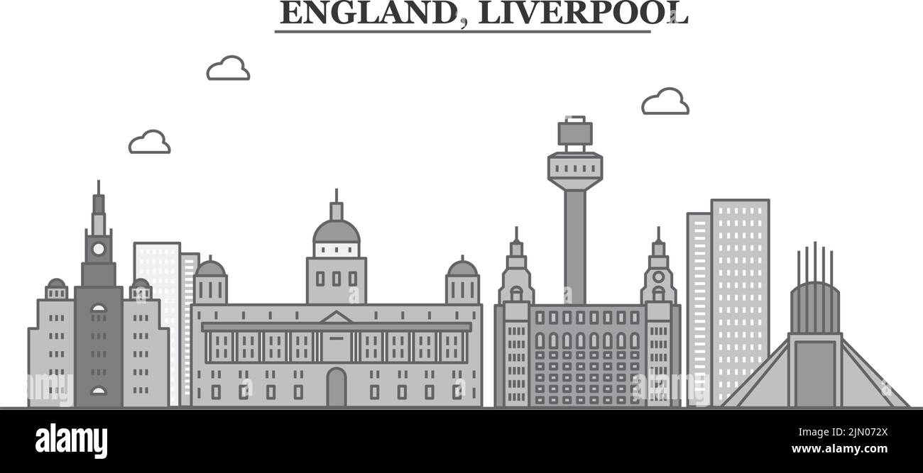 Regno Unito, città di Liverpool skyline isolato vettore illustrazione, icone Illustrazione Vettoriale