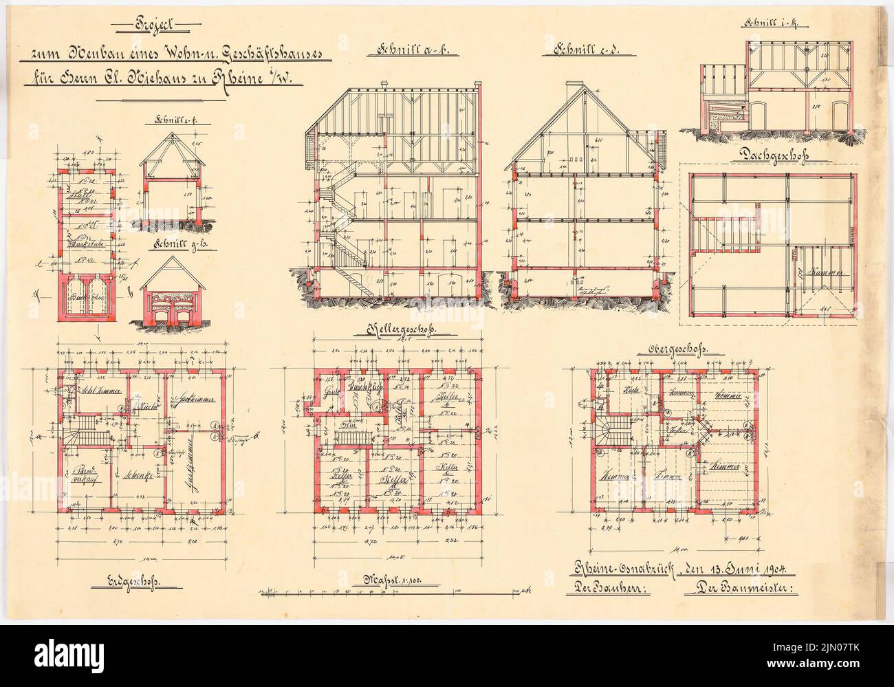 Klomp Johannes Franziskus (1865-1946), edificio residenziale e commerciale Niehaus, Rheine (13 giugno 1904): Tagli, planimetrie e dettagli 1: 100. Acquerello Tusche su trasparente, 52,1 x 74,6 cm (compresi i bordi di scansione) Klomp Johannes Franziskus (1865-1946): Wohn- und Geschäftshaus Niehaus, Rheine Foto Stock