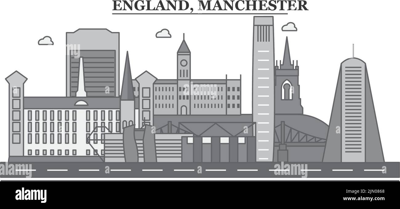 Regno Unito, Manchester City skyline isolato vettore illustrazione, icone Illustrazione Vettoriale