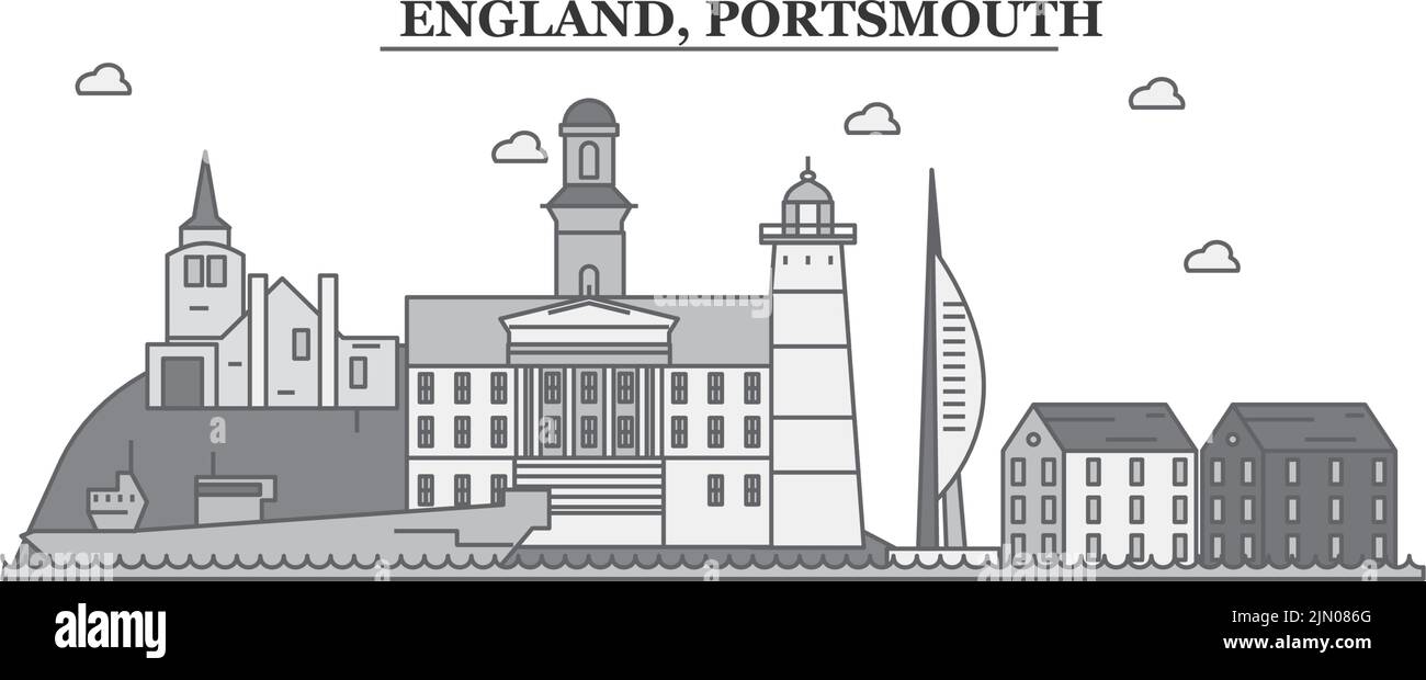 Regno Unito, Portsmouth città skyline isolato vettore illustrazione, icone Illustrazione Vettoriale