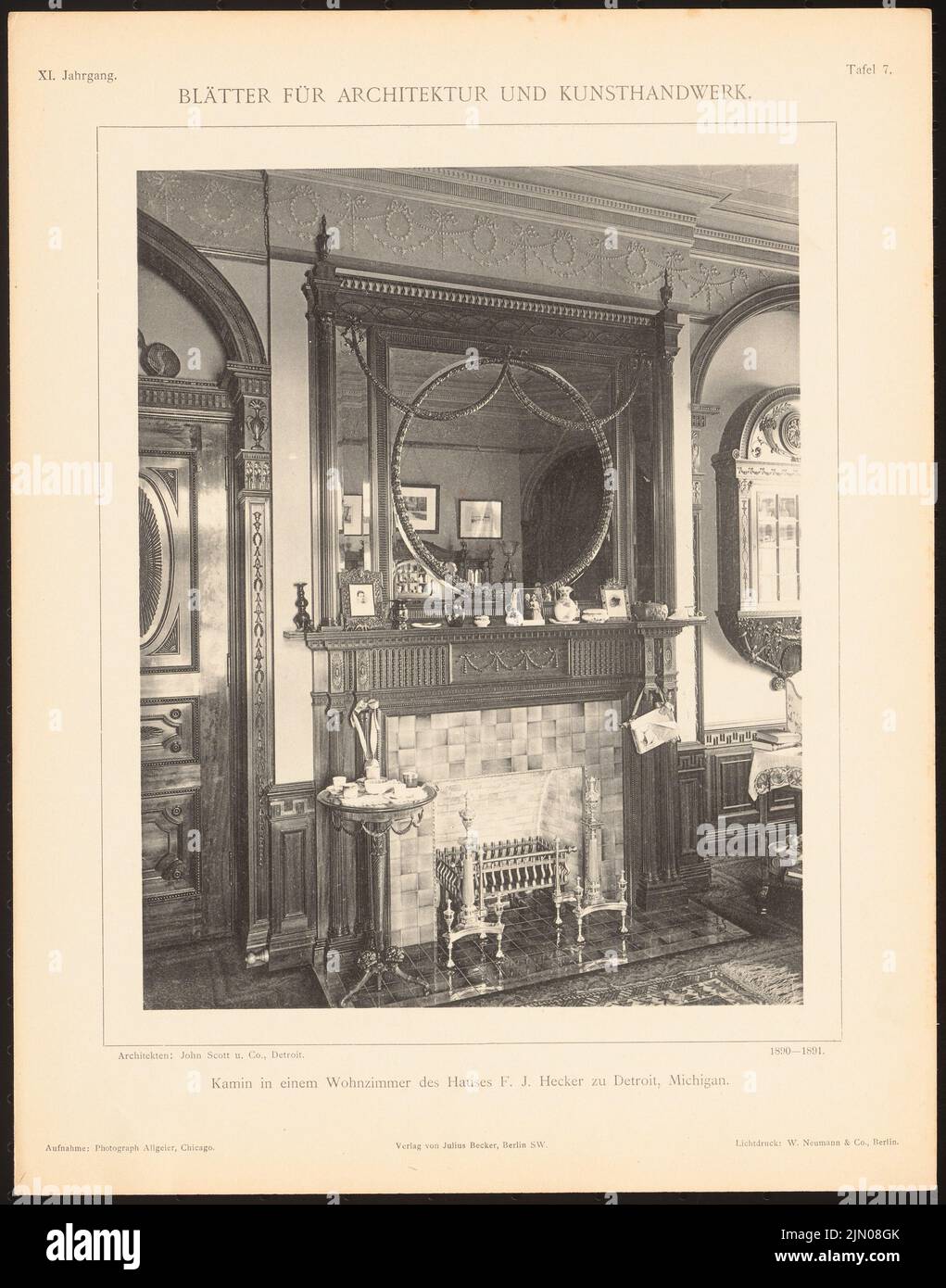 Scott John Oldrid (morto nel 1913), Haus Hecker, Detroit. (Da: Foglie per l'architettura e l'artigianato, 11th anni, 1898, piatto 7.) (1898-1898): Vista interna soggiorno. Leggera pressione sulla carta, 34,6 x 27,2 cm (inclusi i bordi di scansione) Scott John Oldrid (gest. 1913): Haus Hecker, Detroit. (Aus: Blätter für Architektur und Kunsthandwerk, 11. JG., 1898, Tafel 7) Foto Stock