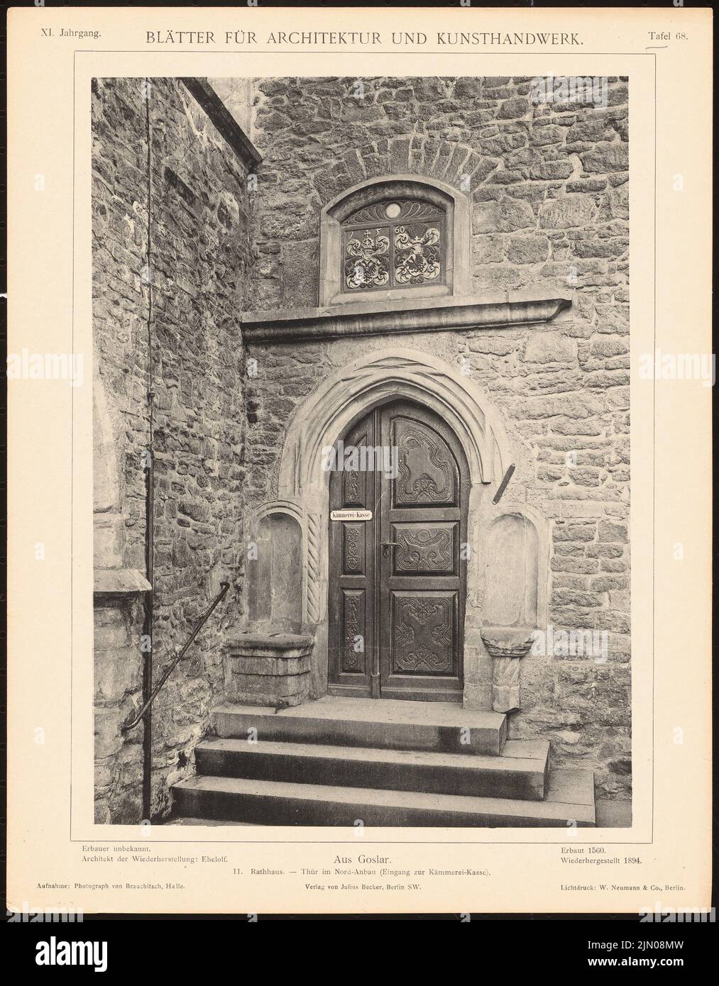 N.N., Rathaus, Goslar. (Da: Foglie per l'architettura e l'artigianato, 11th anni, 1898, Tafel 68.) (1898-1898): Vista del dettaglio a nord. Leggera pressione sulla carta, 34,6 x 27 cm (compresi i bordi di scansione) N. : Rathaus, Goslar. (Aus: Blätter für Architektur und Kunsthandwerk, 11. JG., 1898, Tafel 68) Foto Stock