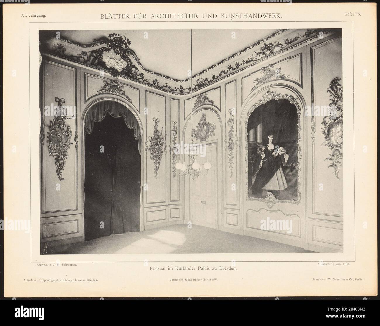Schwartze J. H., Kurländer Palais, Dresda. (Da: Foglie per l'architettura e l'artigianato, 11th anni, 1898, Tafel 75.) (1898-1898): Vista interna Fallroom. Leggera pressione sulla carta, 27,3 x 34,5 cm (compresi i bordi di scansione) Schwartze J. H. : Kurländer Palais, Dresda. (Aus: Blätter für Architektur und Kunsthandwerk, 11. JG., 1898, Tafel 75) Foto Stock