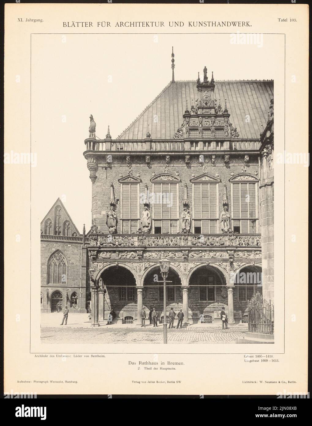 Lüder von Bentheim, Rathaus, Brema. (Da: Foglie per l'architettura e l'artigianato, 11th anni, 1898, Tafel 103.) (1898-1898): Dettaglio della vista. Leggera pressione sulla carta, 34,6 x 27,2 cm (compresi i bordi di scansione) Lüder von Bentheim : Rathaus, Brema. (Aus: Blätter für Architektur und Kunsthandwerk, 11. JG., 1898, Tafel 103) Foto Stock