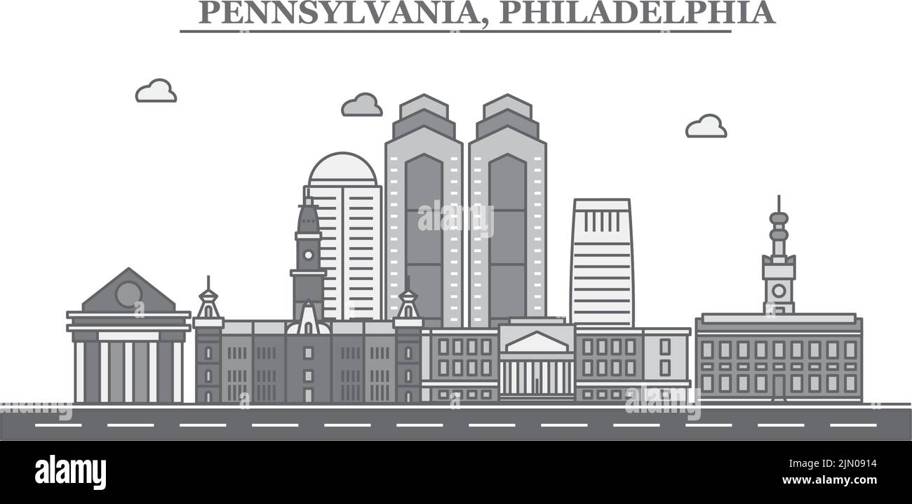 Stati Uniti, Philadelphia città skyline isolato vettore illustrazione, icone Illustrazione Vettoriale