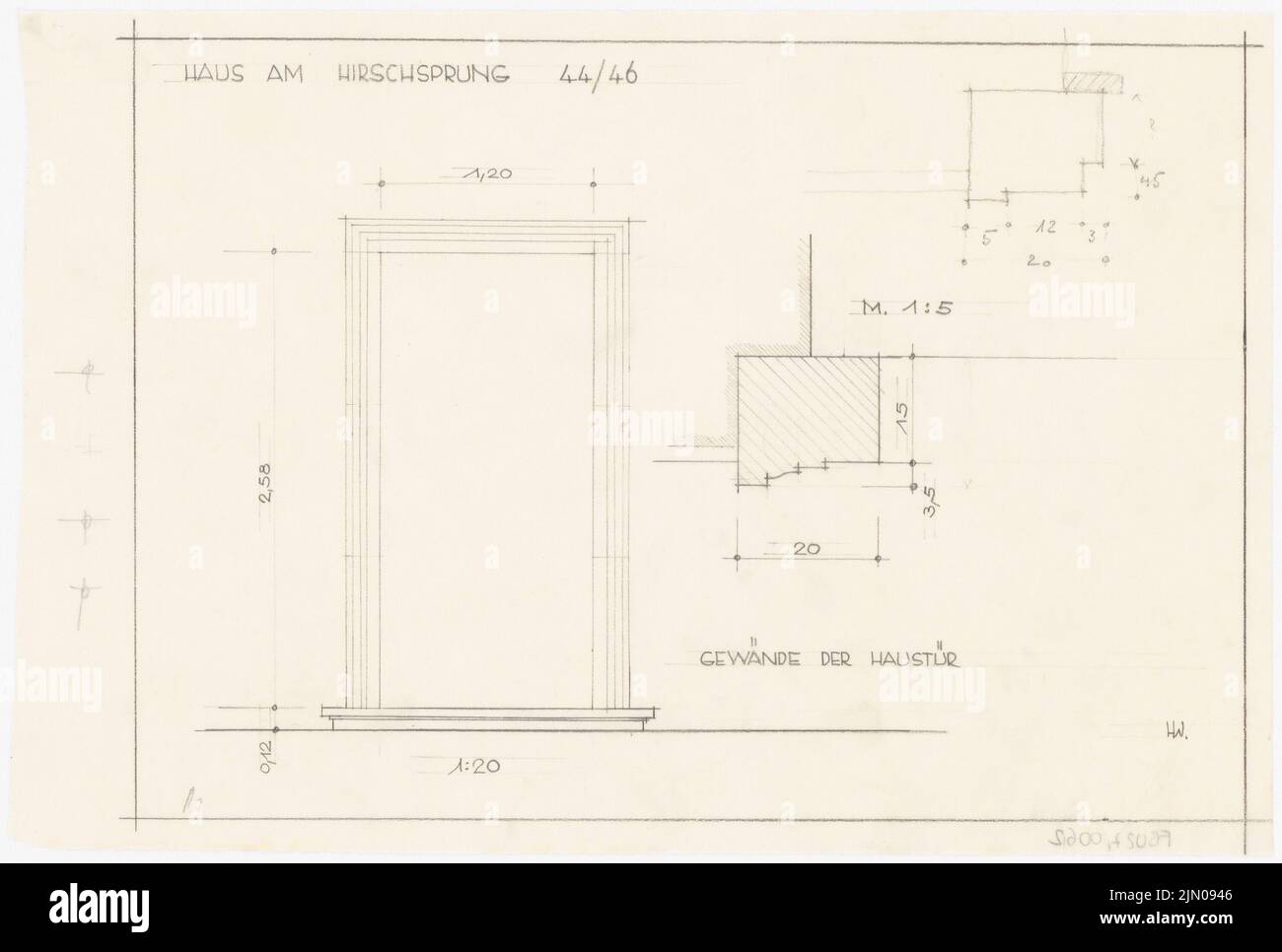 Böhmer Franz (1907-1943), Haus Darré a Berlino-Dahlem (1936-1936): Porta d'ingresso 1:20. Matita su trasparente, 24,4 x 36,2 cm (compresi i bordi di scansione) Böhmer & Petrich : Haus Darré, Berlin-Dahlem. Umbau Foto Stock