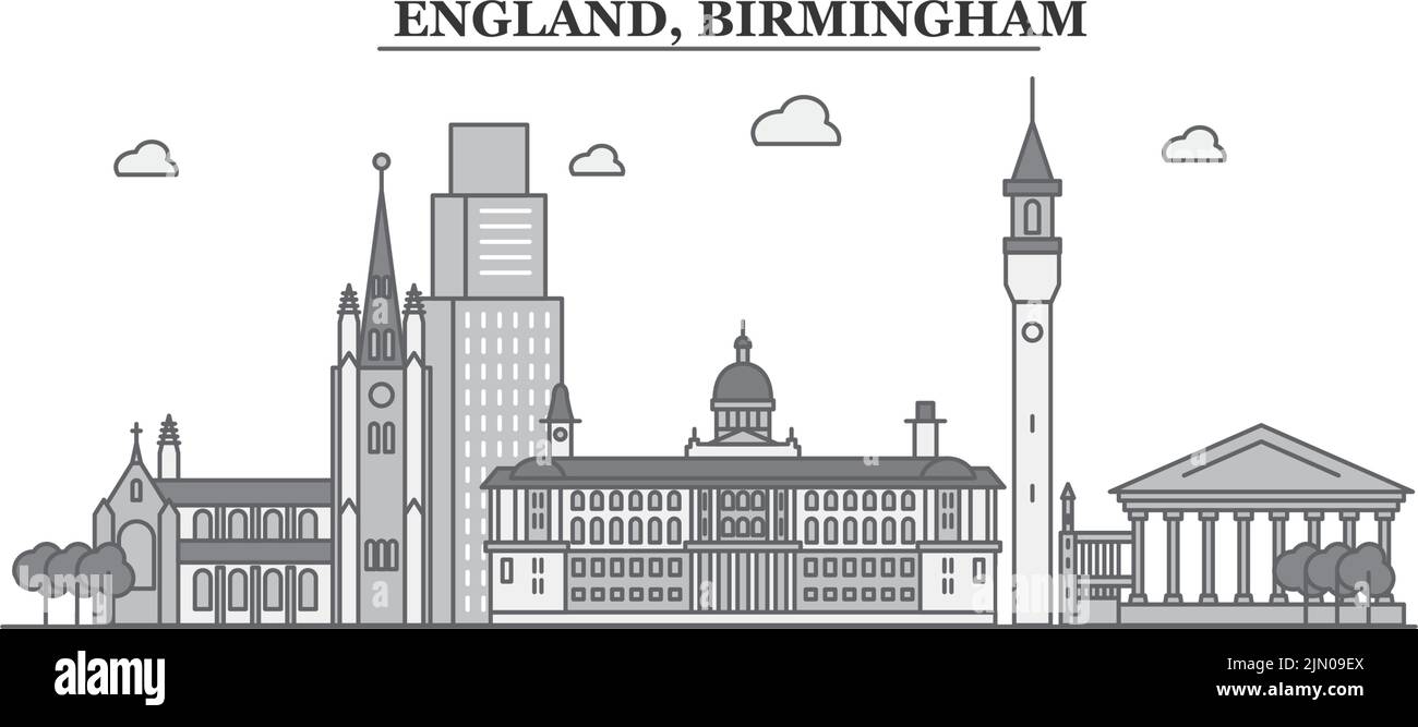 Regno Unito, città di Birmingham skyline isolato vettore illustrazione, icone Illustrazione Vettoriale