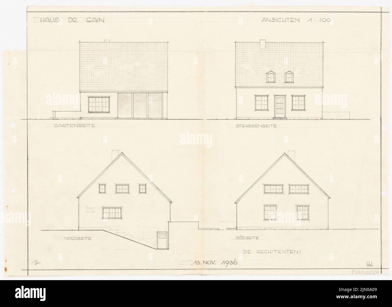 Böhmer Franz (1907-1943), Haus Dr. Gain (13 novembre 1936): 4 visualizzazioni 1: 100. Matita su trasparente, 34,3 x 48 cm (compresi i bordi di scansione) Böhmer & Petrich : Haus Dr. Gain Foto Stock