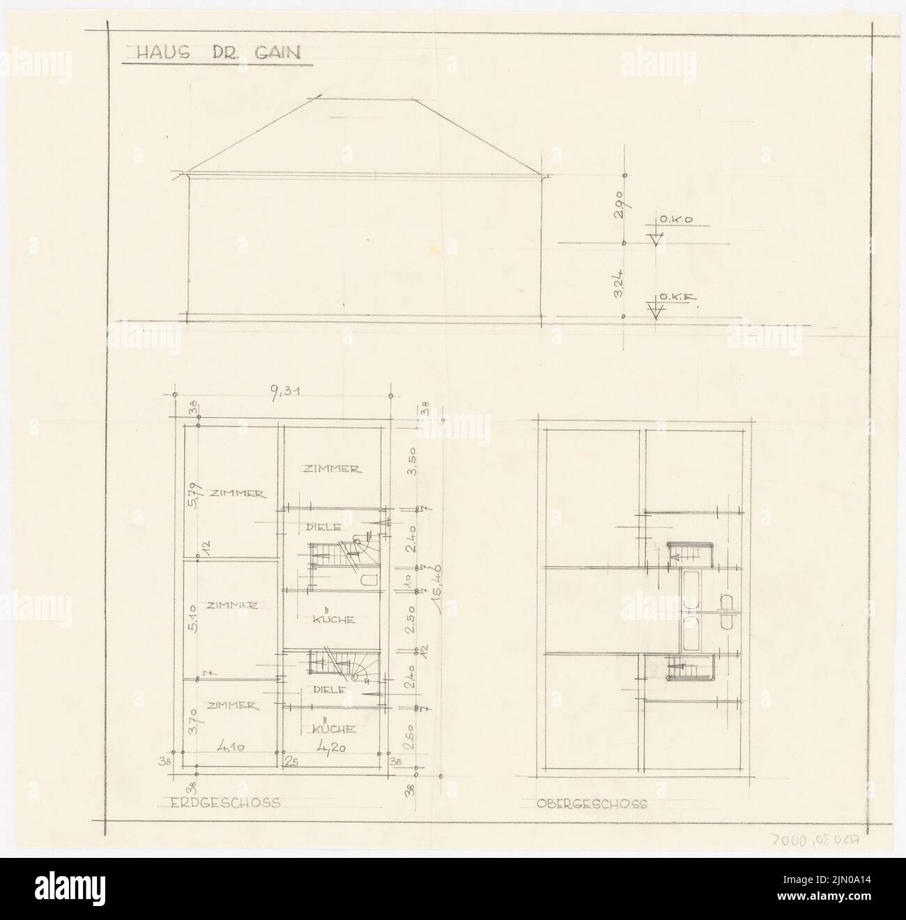 Böhmer Franz (1907-1943), Haus Dr. Gain (1936-1936): Pianta del piano terra e piano superiore, vista. Matita su trasparente, 37,1 x 39,2 cm (compresi i bordi di scansione) Böhmer & Petrich : Haus Dr. Gain Foto Stock