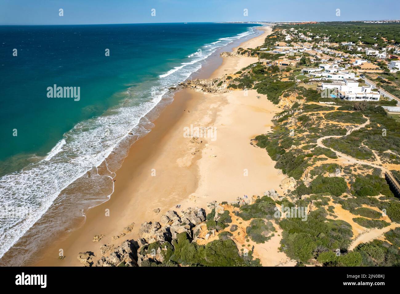 Blick über die Strandbuchten Calas de Roche, Conil de la Frontera, Costa de la Luz, Andalusia, spagnolo | Vista sulle calas de Roche baie, Conil Foto Stock