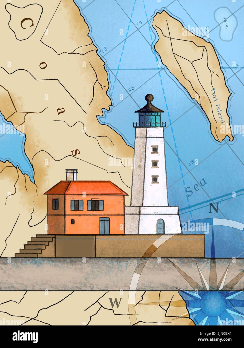 Disegno vintage di un edificio faro su una mappa nautica. Illustrazione digitale. Foto Stock