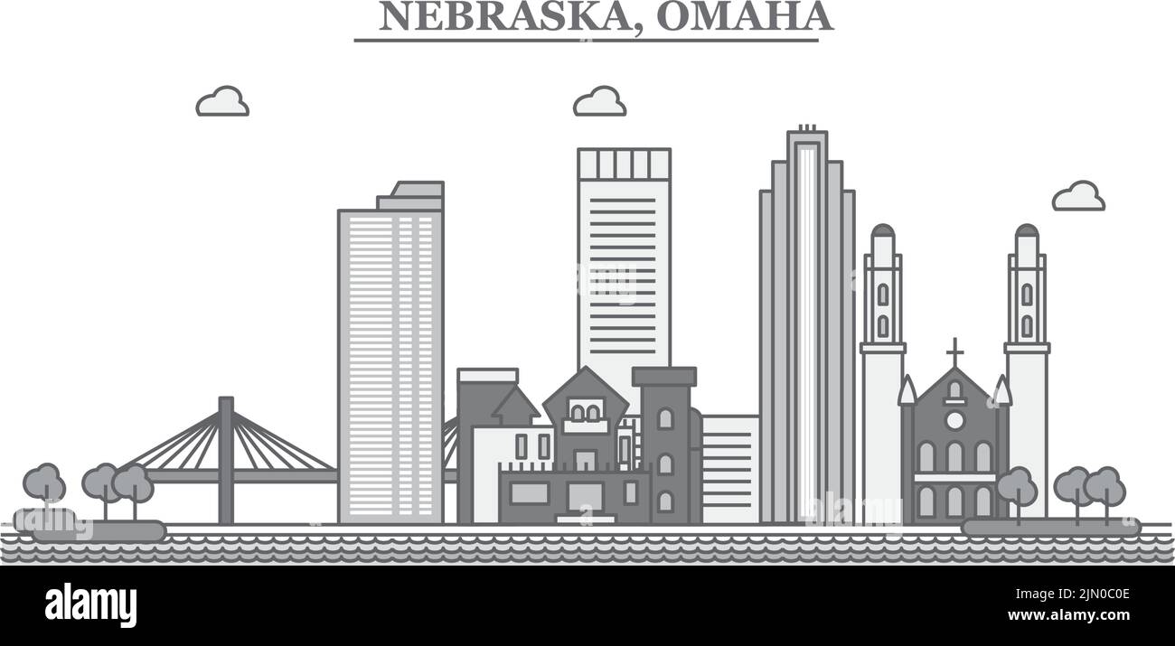 Stati Uniti, Omaha città skyline isolato vettore illustrazione, icone Illustrazione Vettoriale