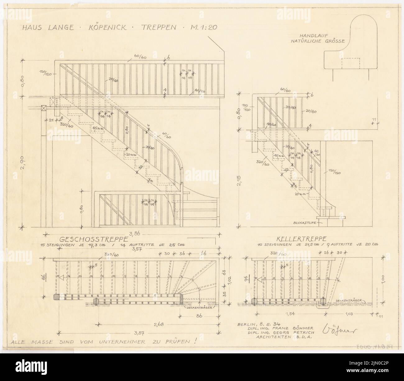 Böhmer Franz (1907-1943), edificio residenziale Lange a Berlino-Köpenick (08.05.1934): Scala seminterrata e pavimento: Pianta del pavimento, viste, taglio 1:20. Matita su trasparente, 39,1 x 44,7 cm (compresi i bordi di scansione) Böhmer & Petrich : Wohnhaus Lange, Berlino-Köpenick Foto Stock