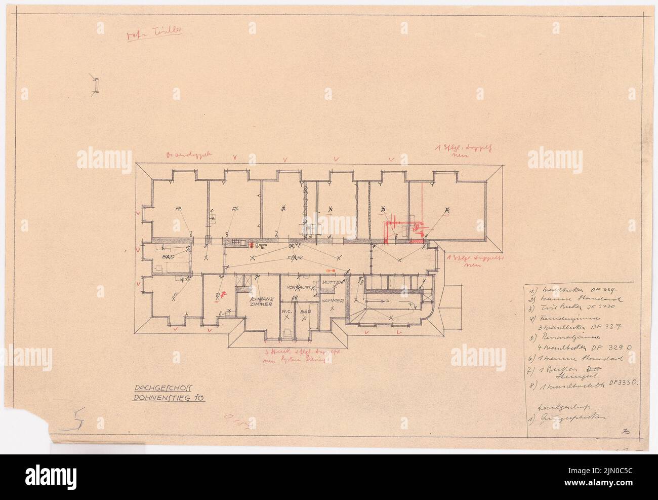 Böhmer Franz (1907-1943), Haus Herz a Berlino-Zehlendorf. Conversione alla Haus Himmler (1937-1937): Pianta piano piano piano superiore 1: 100. Matita, matita colorata su rottura leggera su carta, 39,1 x 56,7 cm (compresi i bordi di scansione) Böhmer & Petrich : Haus Herz, Berlin-Dahlem. Umbau zu Haus Himmler Foto Stock