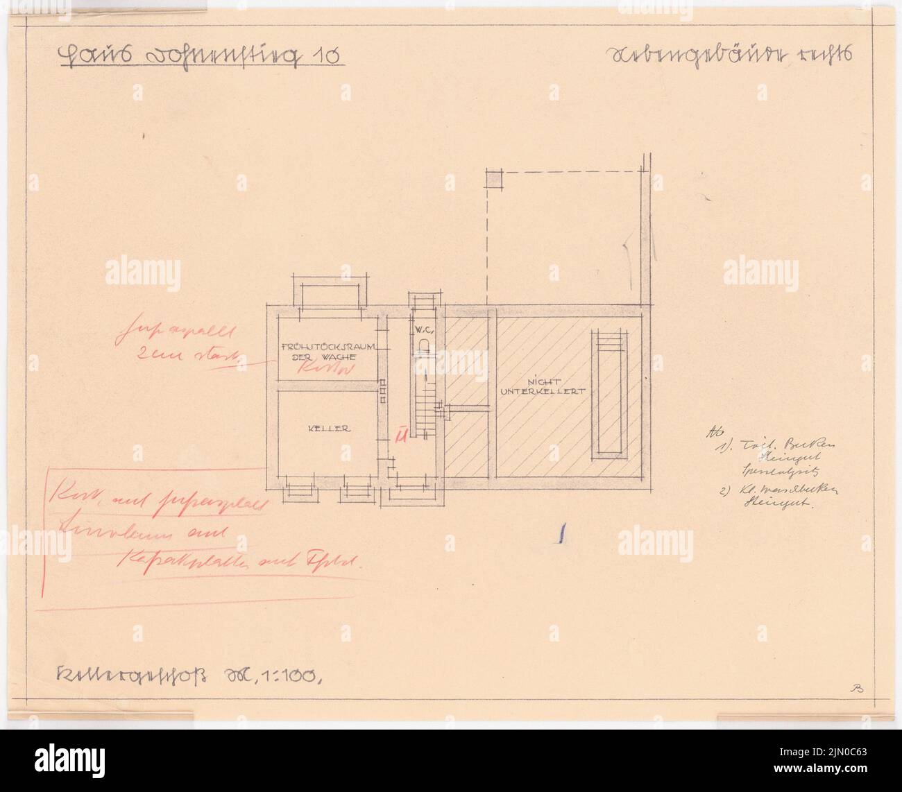 Böhmer Franz (1907-1943), Haus Herz a Berlino-Zehlendorf. Conversione a Haus Himmler (1937-1937): Edificio esterno (a destra): Grundriss seminterrato 1: 100. Matita colorata a rottura su carta, 32 x 39,5 cm (compresi i bordi di scansione) Böhmer & Petrich : Haus Herz, Berlin-Dahlem. Umbau zu Haus Himmler Foto Stock