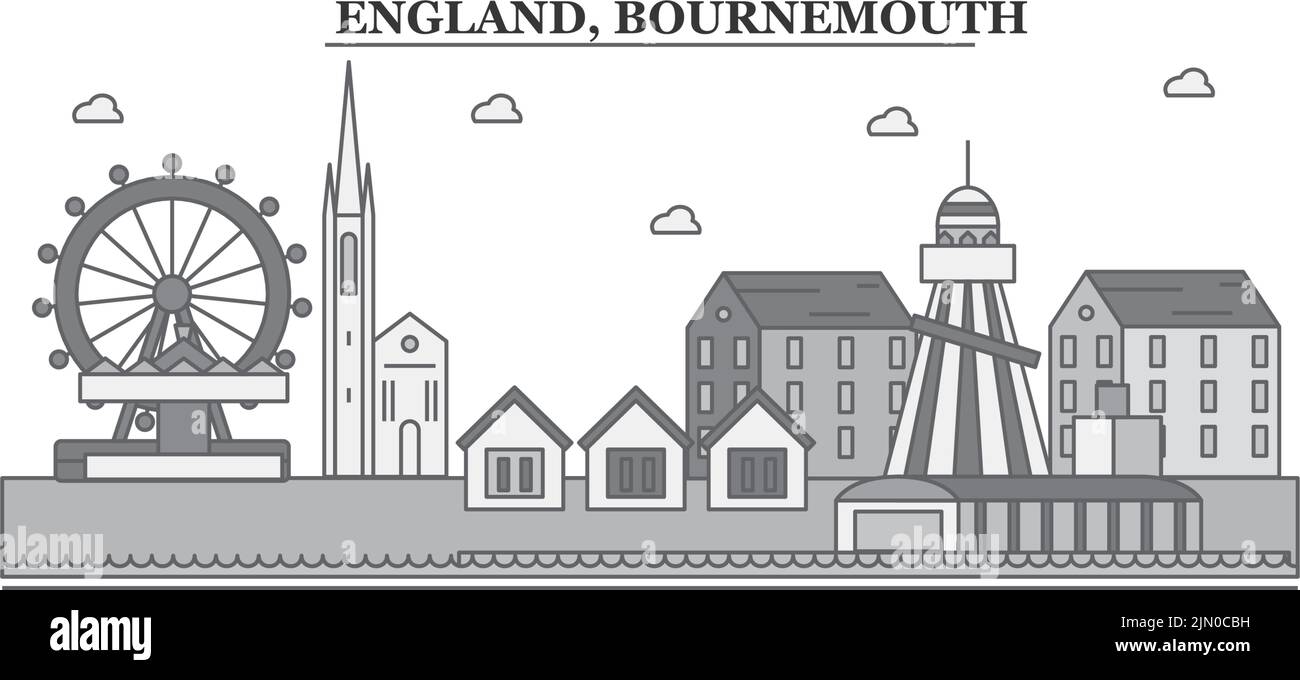 Regno Unito, Bournemouth città skyline isolato vettore illustrazione, icone Illustrazione Vettoriale