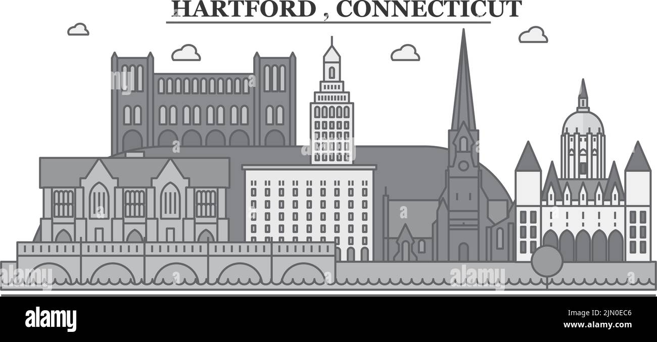 Stati Uniti, Hartford città skyline isolato vettore illustrazione, icone Illustrazione Vettoriale