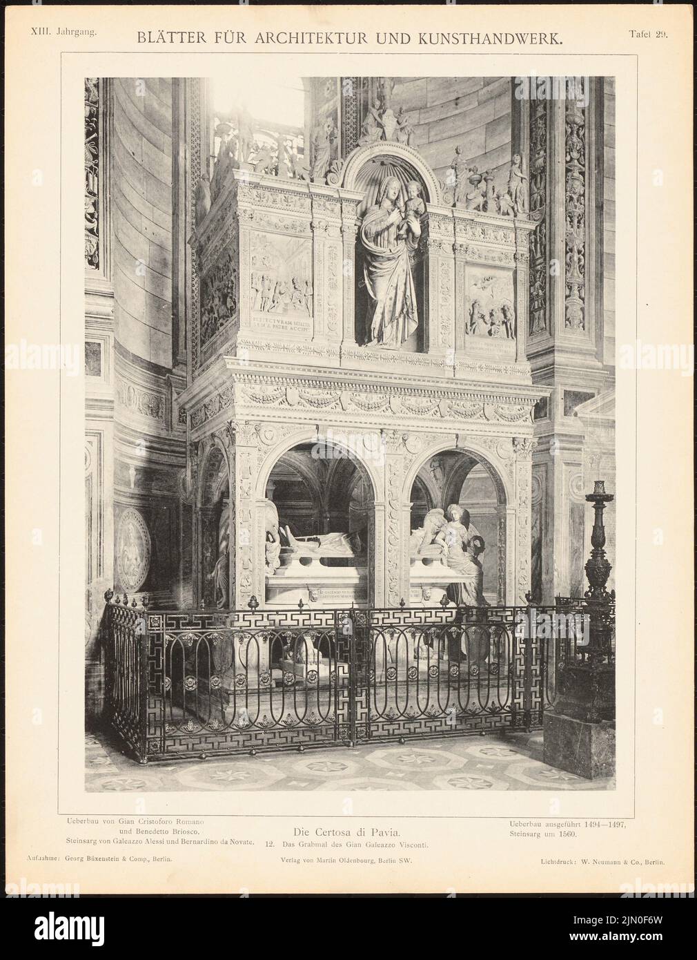 Romano Giovanni Cristoforo (1470-1512), monastero della Certosa di Pavia. (Da: Foglie per l'architettura e l'artigianato, 13th anni, 1900, piatto 29.) Briosco (1900-1900): Veduta della tomba del Gian Galeazzo Visconti. Leggera pressione su carta, 34,5 x 26,8 cm (compresi i bordi di scansione) Romano Giovanni Cristoforo (1470-1512): Kloster Certosa di Pavia. (Aus: Blätter für Architektur und Kunsthandwerk, 13. JG., 1900, Tafel 29) Briosco Foto Stock