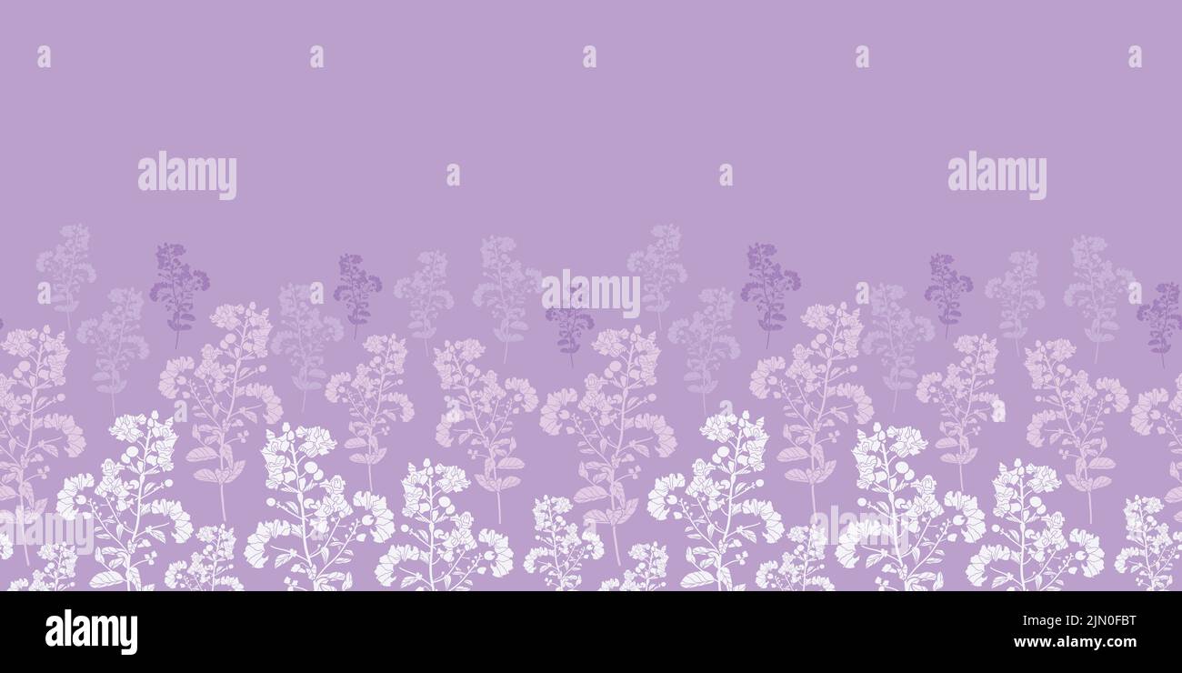Vettoriale viola viola floreale rami alberi silhouette senza giunture orizzontale striscia bordo sfondo motivo Illustrazione Vettoriale
