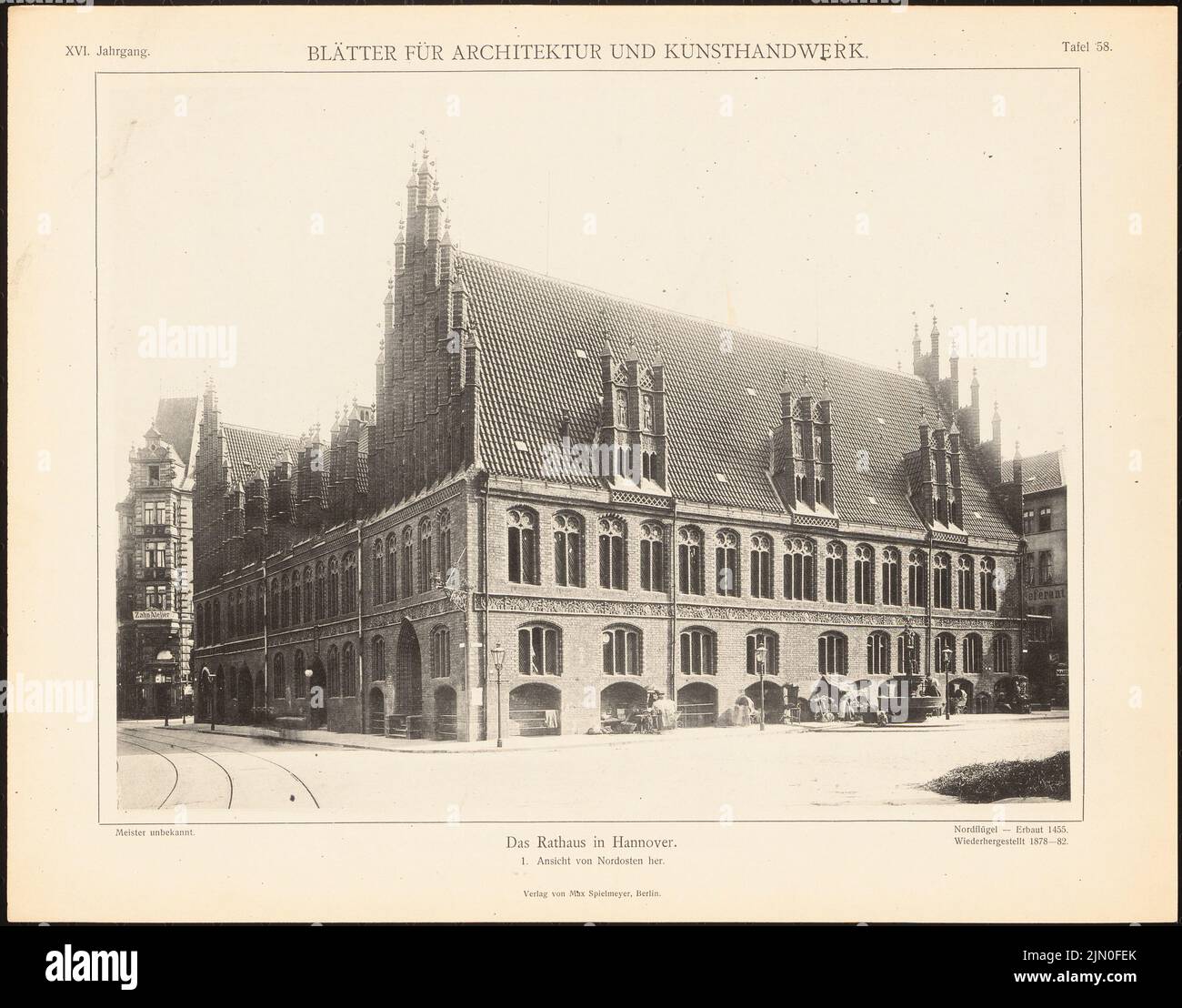 N.N., Rathaus, Hannover. (Da: Foglie per l'architettura e l'artigianato, 16th anni, 1903, piatto 58.) (1903-1903): Vista del nord-est. Leggera pressione sulla carta, 26,8 x 34,2 cm (compresi i bordi di scansione) N. : Rathaus, Hannover. (Aus: Blätter für Architektur und Kunsthandwerk, 16. JG., 1903, Tafel 58) Foto Stock