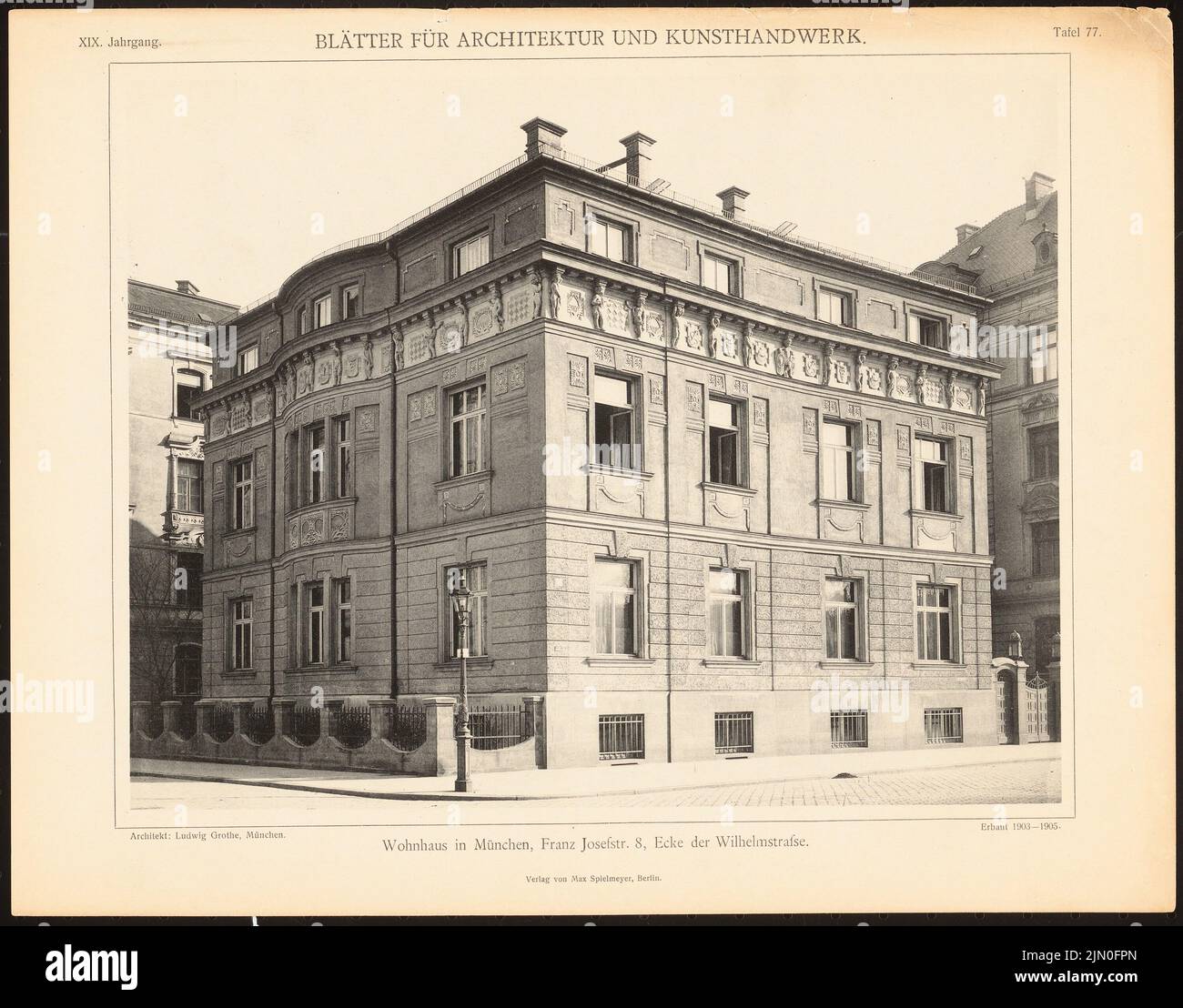 Grothe Ludwig, edificio residenziale Franz Joseph-/Wilhelmstraße, Monaco di Baviera. (Da: Foglie per l'architettura e l'artigianato, 19th anni, 1906, Tafel 77.) (1906-1906): Vista. Leggera pressione su carta, 27 x 34,5 cm (compresi i bordi di scansione) Grothe Ludwig : Wohnhaus Franz Joseph-/Wilhelmstraße, München. (Aus: Blätter für Architektur und Kunsthandwerk, 19. JG., 1906, Tafel 77) Foto Stock