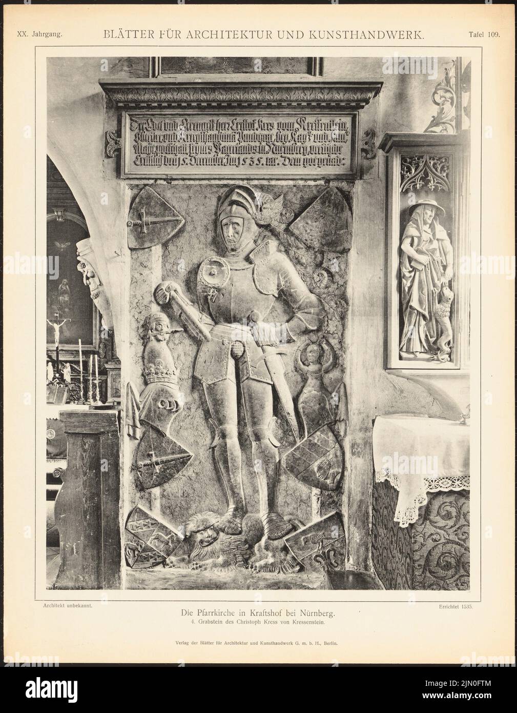 N.N., chiesa parrocchiale, Kraftshof. (Da: Foglie per l'architettura e l'artigianato, 20th anni, 1907, Tafel 109.) (1907-1907): Veduta della tomba di Christoph Kress von Kressenstein. Leggera pressione sulla carta, 34,4 x 26,7 cm (compresi i bordi di scansione) N. : Pfarrkirche, Kraftshof. (Aus: Blätter für Architektur und Kunsthandwerk, 20. JG., 1907, Tafel 109) Foto Stock