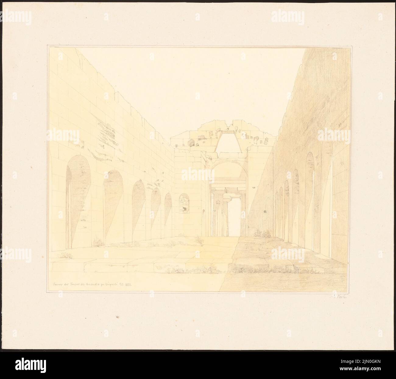 Koch Friedrich (1828-1922), studi di viaggio dalla Sicilia 1851-53 (11 maggio 1852): Girgenti: Tempio della Concordia (vista prospettica interna). Matita acquerello su carta, 34,8 x 39,1 cm (compresi i bordi di scansione) Koch Friedrich (1828-1922): Reisestudien aus Sizilien 1851-53 Foto Stock