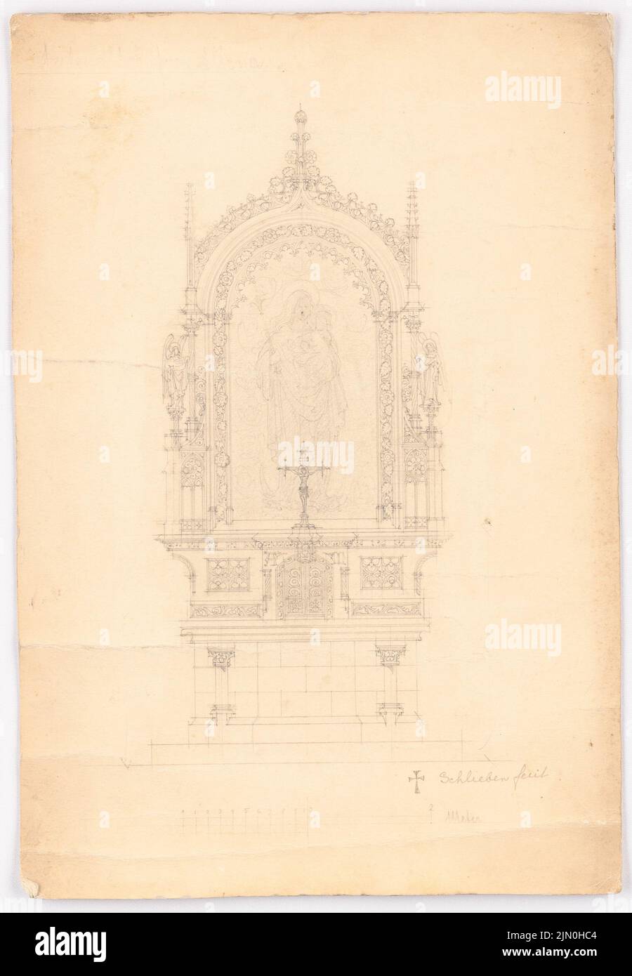 Klomp Johannes Franziskus (1865-1946), San Matthäus, Altena (1892-1898): Vista frontale dell'altare laterale 1:20. Matita su trasparente, 36,6 x 25,4 cm (compresi i bordi di scansione) Klomp Johannes Franziskus (1865-1946): St. Matthäus, Altena Foto Stock