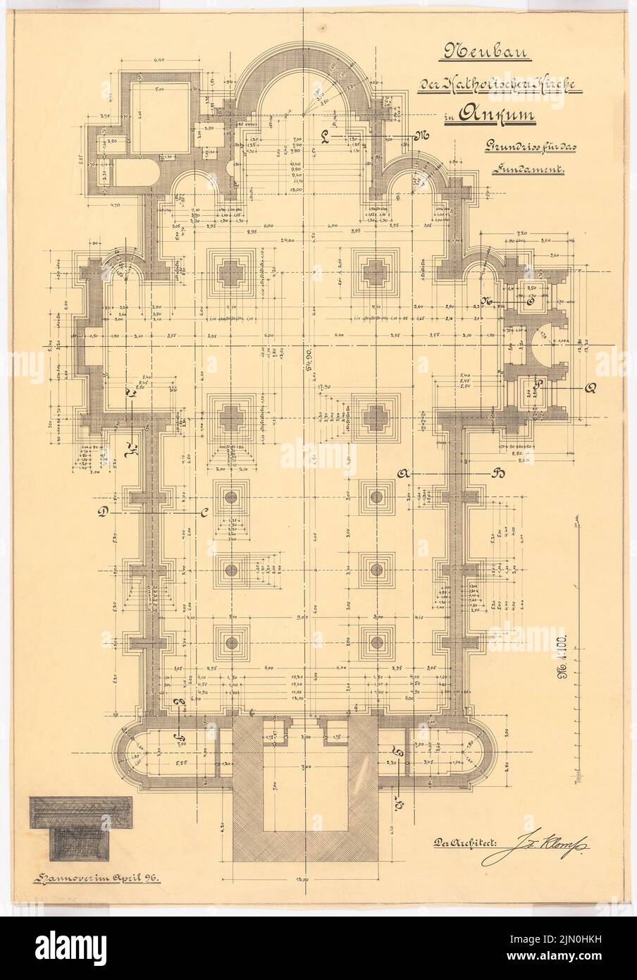 Klomp Johannes Franziskus (1865-1946), St. Nikolaus, Ankum (04,1896): Pianta della fondazione 1: 100. Inchiostro, matita su trasparente, 75,2 x 52,3 cm (compresi i bordi di scansione) Klomp Johannes Franziskus (1865-1946): St. Nikolaus, Ankum Foto Stock