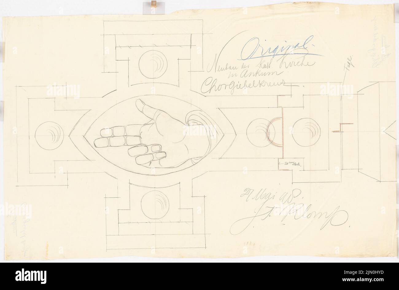 Klomp Johannes Franziskus (1865-1946), San Nicola, Ankum: Chorgiebelkreuz (1: 1). Matita colorata su trasparente, 104,7 x 159,2 cm (compreso il bordo di scansione). Museo dell'architettura dell'Università tecnica di Berlino Inv. N. JK 005,102. Klomp Johannes Franziskus (1865-1946): San Nicola, Ankum Foto Stock