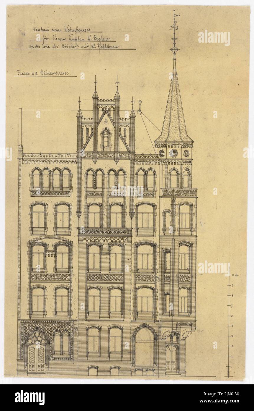 Klomp Johannes Franziskus (1865-1946), edificio residenziale Boehme e Kröpke, Hannover (04.02.1894): Facciata a Bödekerstraße 1: 100 (per JK 007,015). Inchiostro su trasparente, 37,8 x 25 cm (compresi i bordi di scansione) Klomp Johannes Franziskus (1865-1946): Wohnhaus Boehme und Kröpke, Hannover Foto Stock