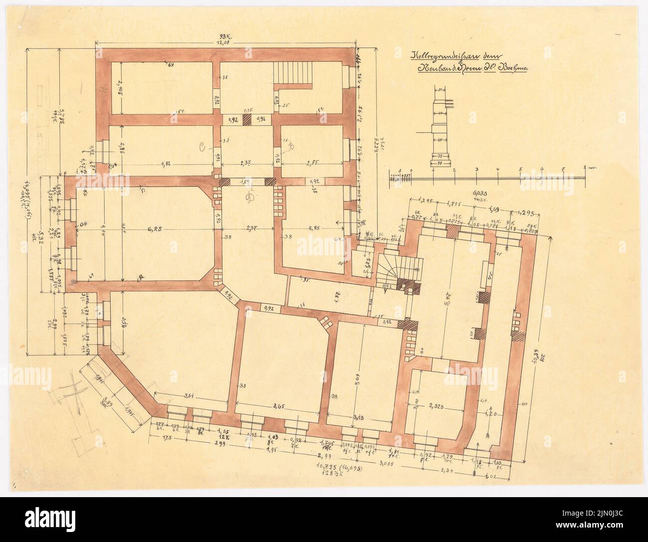 Klomp Johannes Franziskus (1865-1946), edificio residenziale Boehme e Kröpke, Hannover (1894-1895): Piano Keller 1:50. Tusche, matita acquerello trasparente, 45,1 x 58,8 cm (compresi i bordi di scansione) Klomp Johannes Franziskus (1865-1946): Wohnhaus Boehme und Kröpke, Hannover Foto Stock