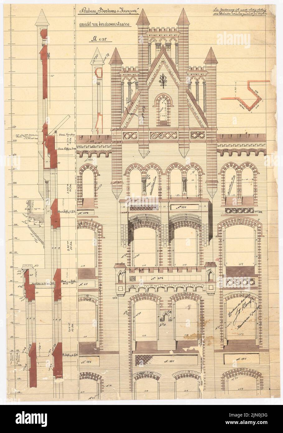 Klomp Johannes Franziskus (1865-1946), edificio residenziale di Boehme e Kröpke, Hannover (15 giugno 1894): Fachading enda a Bödekerstraße 1:25. Tusche, matita acquerello trasparente, 88 x 61,6 cm (compresi i bordi di scansione) Klomp Johannes Franziskus (1865-1946): Wohnhaus Boehme und Kröpke, Hannover Foto Stock