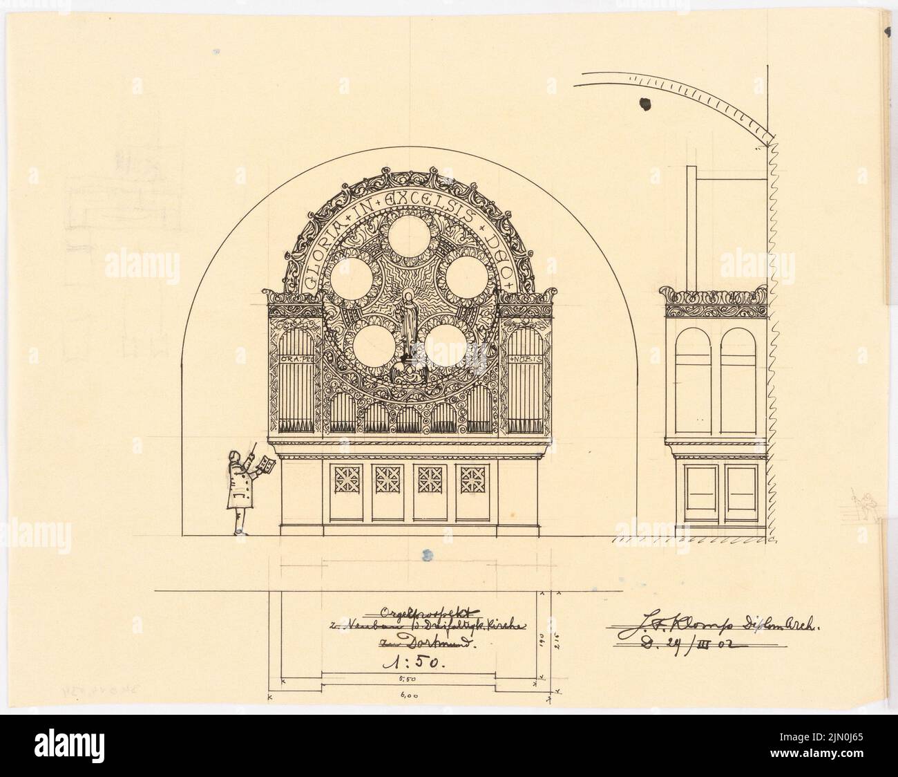 Klomp Johannes Franziskus (1865-1946), Chiesa della Trinità (con canonica), Dortmund (29 marzo 1902): Opuscolo organo 1:50. Inchiostro, matita su trasparente, 30,3 x 38,1 cm (compresi i bordi di scansione) Klomp Johannes Franziskus (1865-1946): Dreifaltigkeitskirche (mit Pfarrhaus), Dortmund Foto Stock