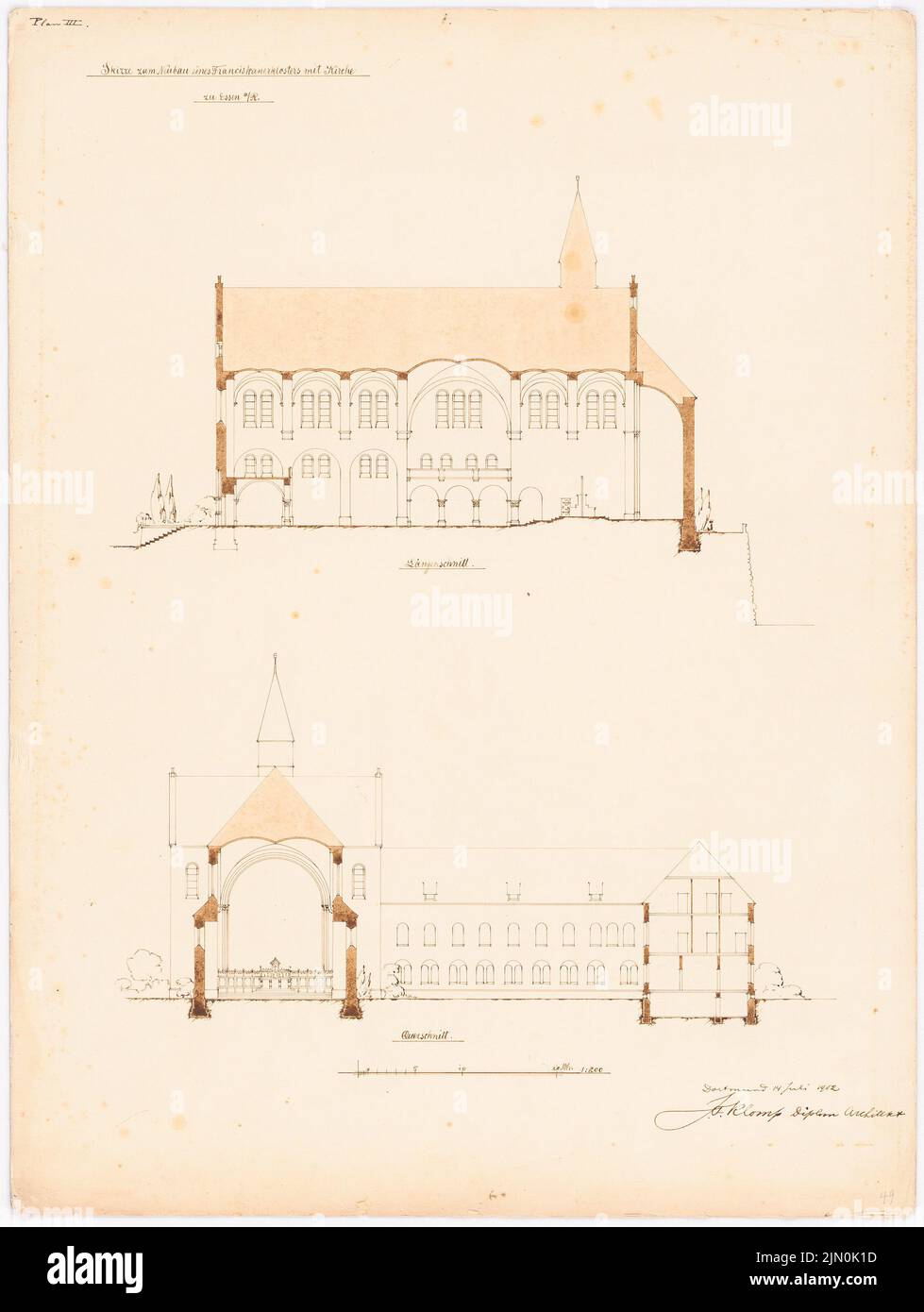Klomp Johannes Franziskus (1865-1946), monastero francescano e Heilig Kreuz, Essen (14 luglio 1902): Sezione longitudinale e trasversale della chiesa e del monastero 1: 200 (progetto 3rd). Acquerello Tusche sulla scatola, 64,9 x 48,9 cm (compresi i bordi di scansione) Klomp Johannes Franziskus (1865-1946): Franziskanerkloster und Heilig Kreuz, Essen Foto Stock