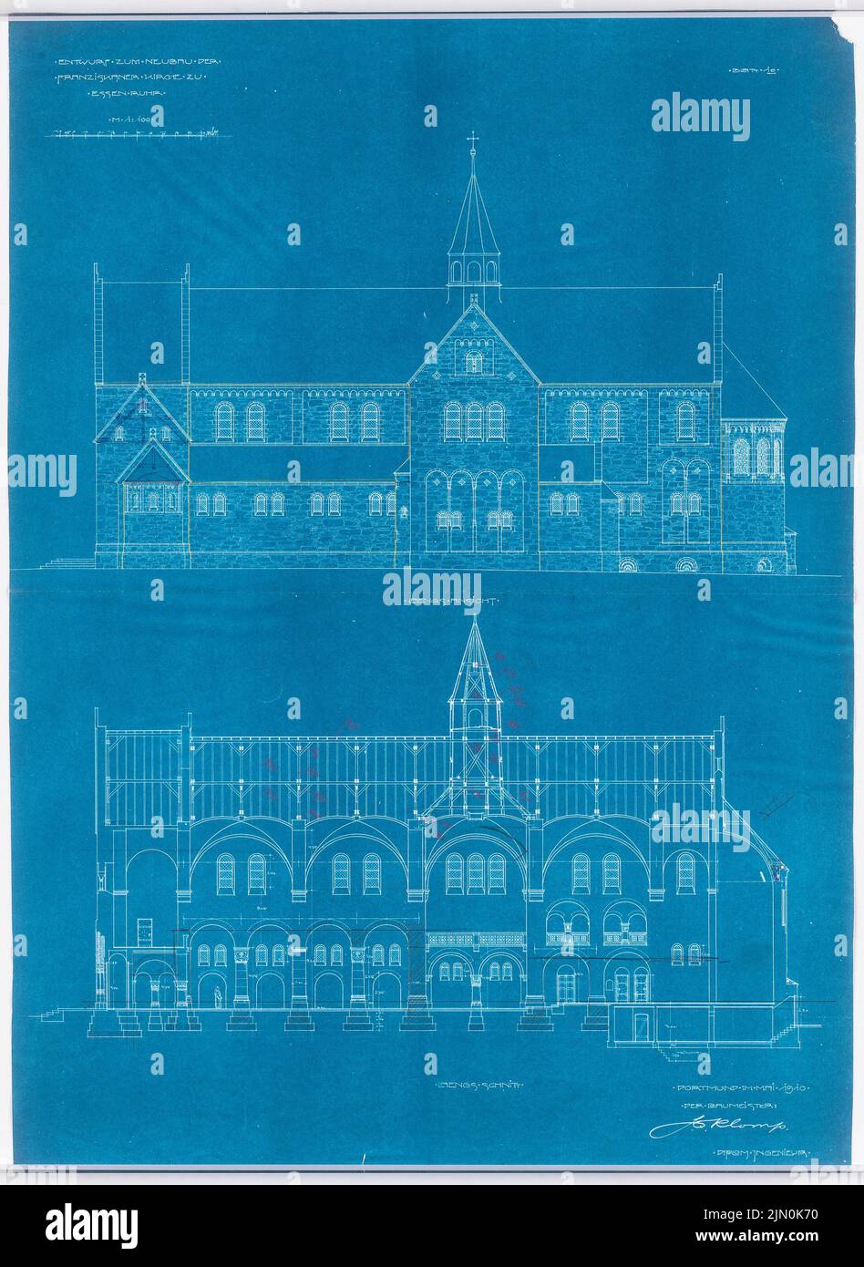 Klomp Johannes Franziskus (1865-1946), monastero francescano e Heilig Kreuz, Essen (05,1910): Vista laterale e sezione longitudinale 1: 100 (bozza 7th). Matita colorata su carta, 91,7 x 66,9 cm (compresi i bordi di scansione) Klomp Johannes Franziskus (1865-1946): Franziskanerkloster und Heilig Kreuz, Essen Foto Stock