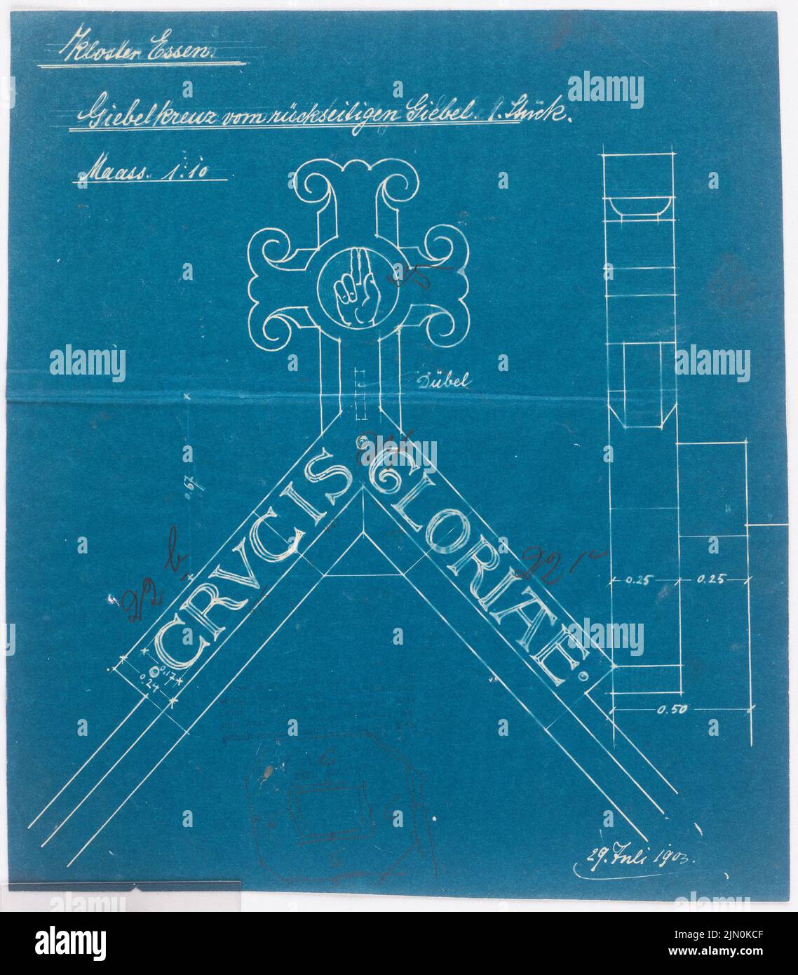 Klomp Johannes Franziskus (1865-1946), monastero francescano e Heilig Kreuz, Essen (29.07.1903): Croce per timpano 1:10. Matita su piano cartaceo, 32,8 x 28,7 cm (compresi i bordi di scansione) Klomp Johannes Franziskus (1865-1946): Franziskanerkloster und Heilig Kreuz, Essen Foto Stock