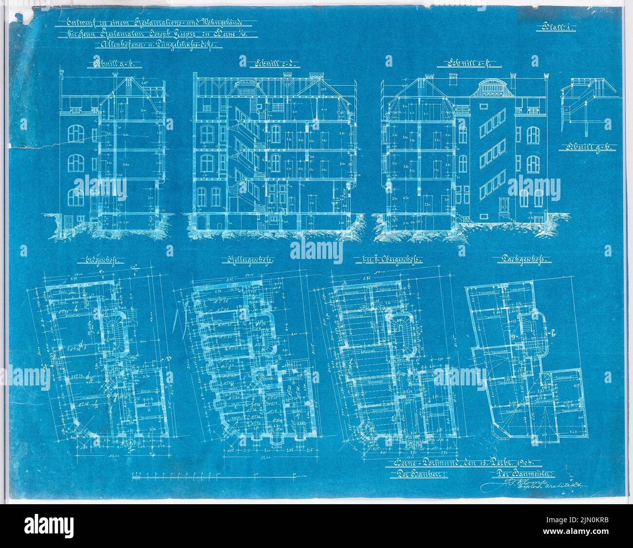 Klomp Johannes Franziskus (1865-1946), Restauro e edificio residenziale Giprz, Herne (15 dicembre 1904): Tagli e piani 1: 100. Matita su piano cartaceo, 65,3 x 81,9 cm (compresi i bordi di scansione) Klomp Johannes Franziskus (1865-1946): Restaurations- und Wohngebäude Gieprz, Herne Foto Stock