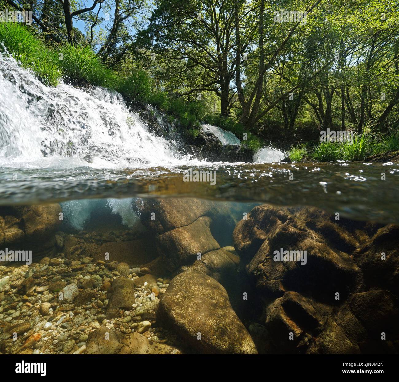 Piccola cascata su un fiume sopra e sotto la superficie d'acqua vista a livello diviso, Spagna, Galizia, Rio Verdugo Foto Stock