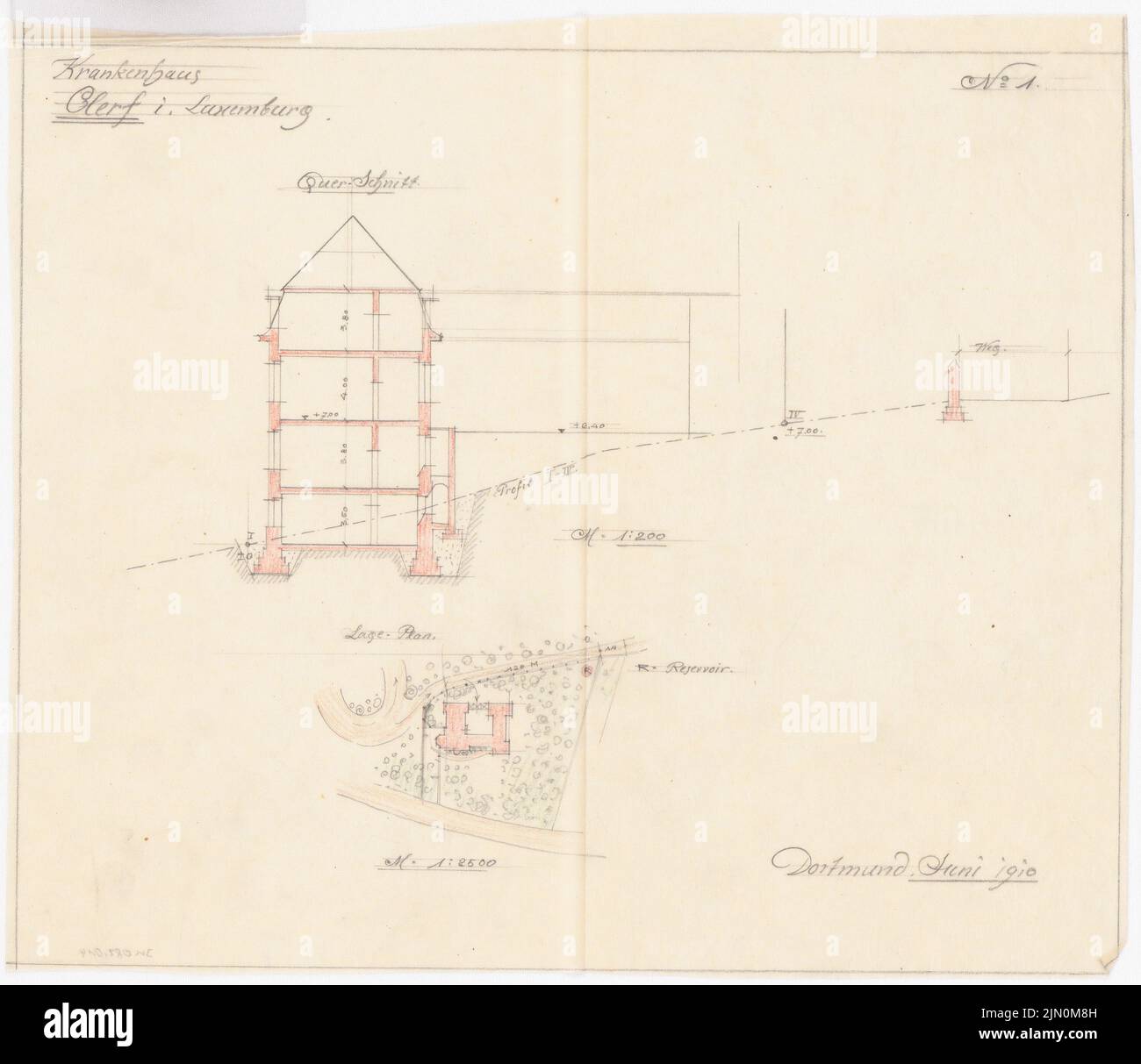 Klomp Johannes Franziskus (1865-1946), Hospital, Clerf (Clervaux) (06,1910): Sezione trasversale 1: 200 e piano del sito 1: 2500 (bozza 3rd). Matita colorata su trasparente, 27,4 x 31,8 cm (compresi i bordi di scansione) Klomp Johannes Franziskus (1865-1946): Krankenhaus, Clerf (Clervaux) Foto Stock