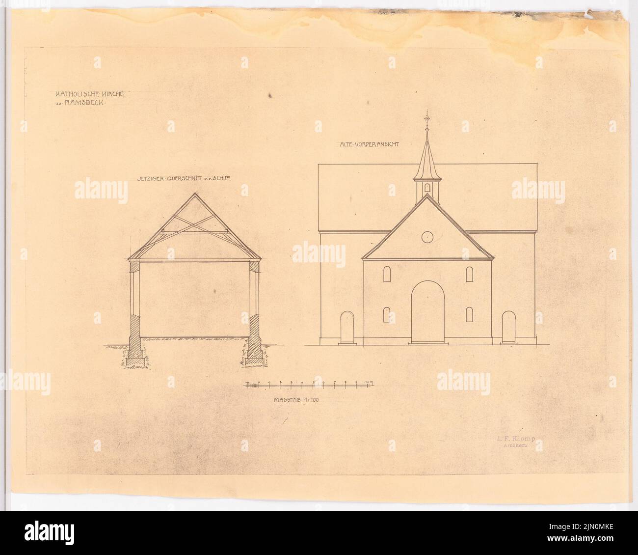 Klomp Johannes Franziskus (1865-1946), S. Margaretha, Ramsbeck. Espansione (1911): Sezione trasversale e vista anteriore precedente 1: 100. Luce di rottura su carta, 46,5 x 58,1 cm (compresi i bordi di scansione) Klomp Johannes Franziskus (1865-1946): St. Margaretha, Ramsbeck. Erweiterung Foto Stock