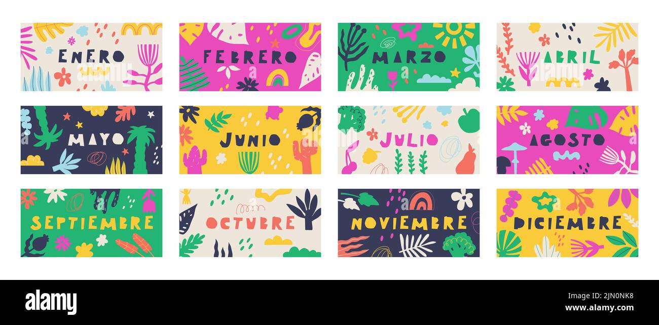 Testo in spagnolo, traduzione: Gennaio, febbraio, marzo, aprile, Maggio, giugno, luglio, agosto, settembre, Ottobre, novembre, dicembre. Set di banner di Illustrazione Vettoriale